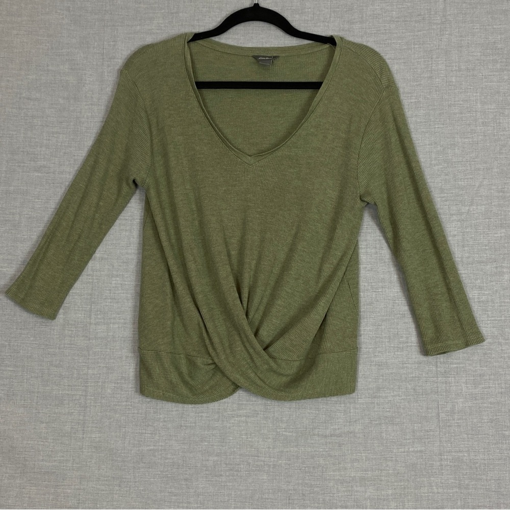 Eddie Bauer Cross Front Thermal Shirt XS Green Three Quarter Sleeve